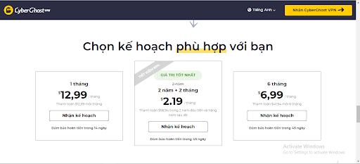 Gói dịch vụ tính theo tháng, quý, năm của CyberGhost